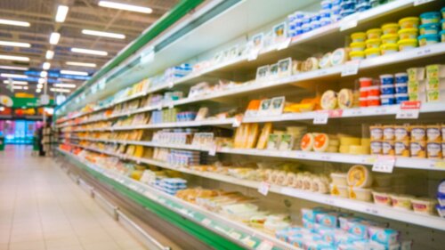 Dairy products on grocery store shelves